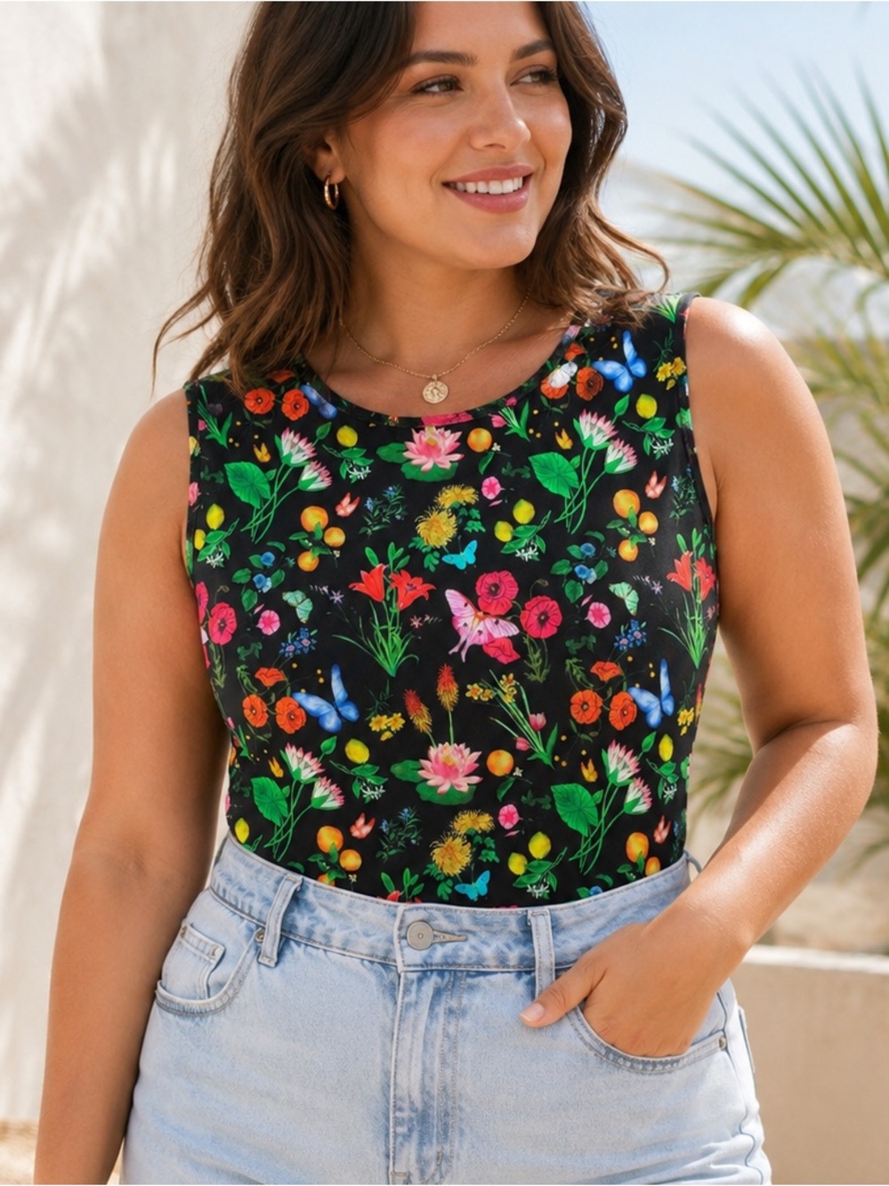 Papaya Black Floral Sleeveless Tank with Multicolor Blooms